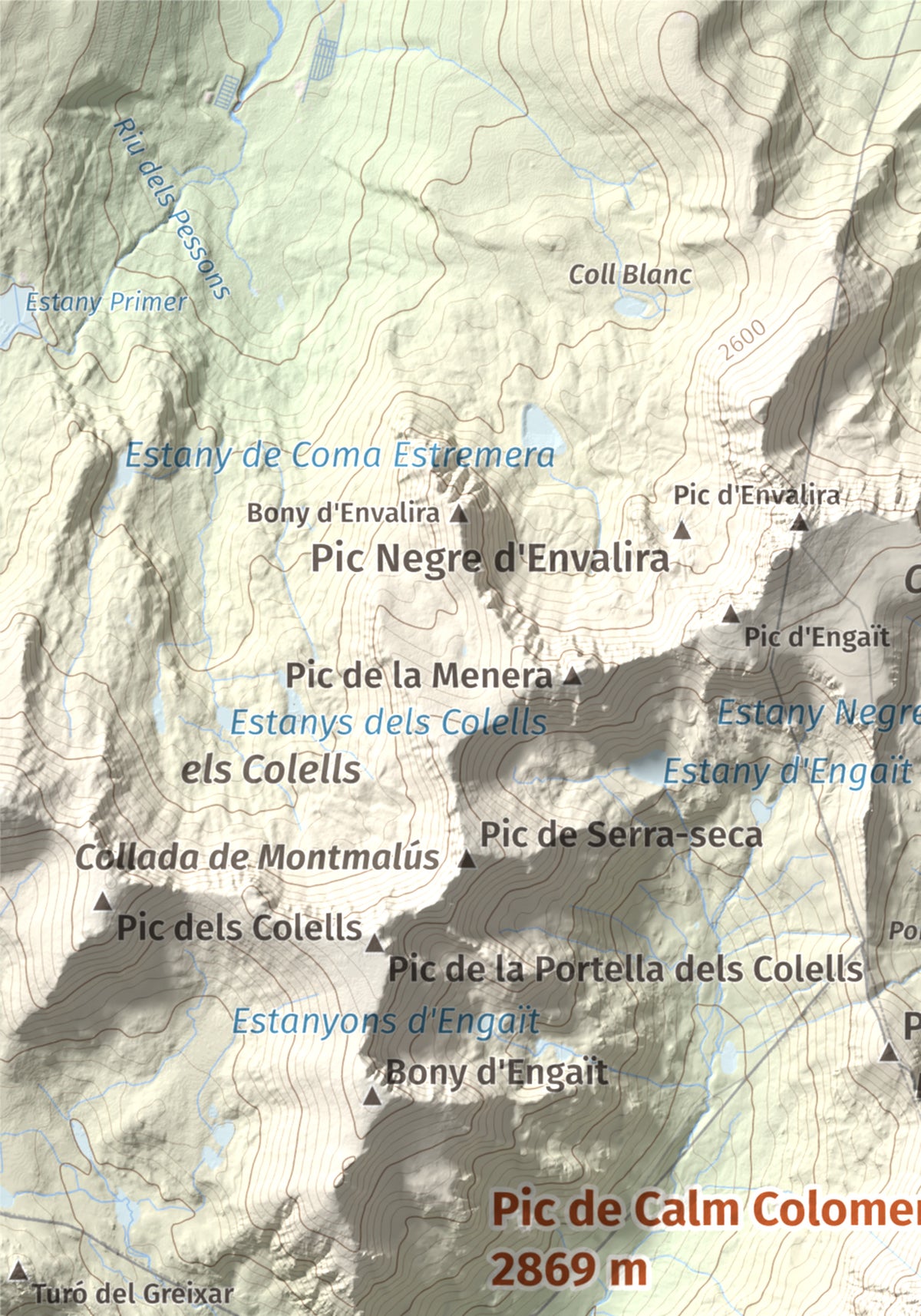 Mapa de relieve de Pic de Calm Colomer (tosseta de l'Esquella), 2869 m, Cerdanya · Cerdanya Nord, lámina 100 Cims de Trobart. Detalle de la zona superior izquierda. 21 × 30 cm.