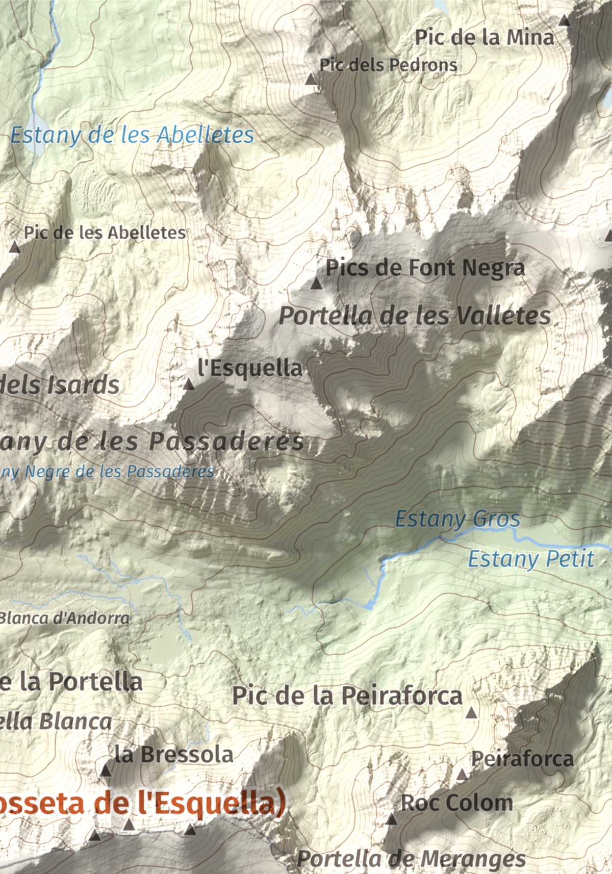 Mapa de relieve de Pic de Calm Colomer (tosseta de l'Esquella), 2869 m, Cerdanya · Cerdanya Nord, lámina 100 Cims de Trobart. Detalle de la zona superior derecha. 21 × 30 cm.