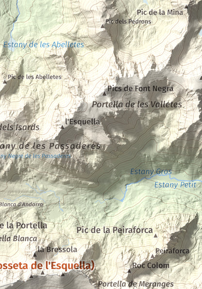 Mapa de relieve de Pic de Calm Colomer (tosseta de l'Esquella), 2869 m, Cerdanya · Cerdanya Nord, lámina 100 Cims de Trobart. Detalle de la zona superior derecha. 21 × 30 cm.
