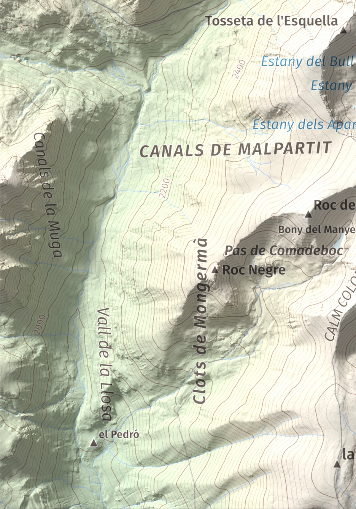 Mapa de relieve de Pic de Calm Colomer (tosseta de l'Esquella), 2869 m, Cerdanya · Cerdanya Nord, lámina 100 Cims de Trobart. Detalle de la zona inferior izquierda. 21 × 30 cm.