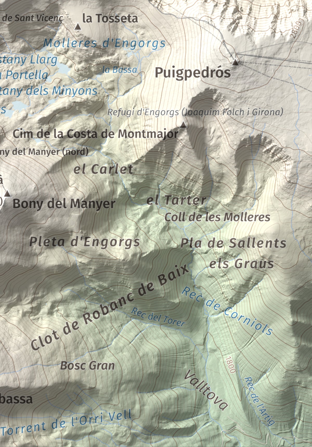Mapa de relieve de Pic de Calm Colomer (tosseta de l'Esquella), 2869 m, Cerdanya · Cerdanya Nord, lámina 100 Cims de Trobart. Detalle de la zona inferior derecha. 21 × 30 cm.