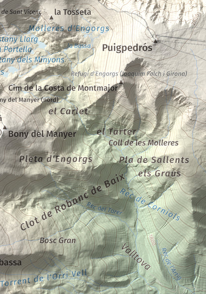 Mapa de relieve de Pic de Calm Colomer (tosseta de l'Esquella), 2869 m, Cerdanya · Cerdanya Nord, lámina 100 Cims de Trobart. Detalle de la zona inferior derecha. 21 × 30 cm.