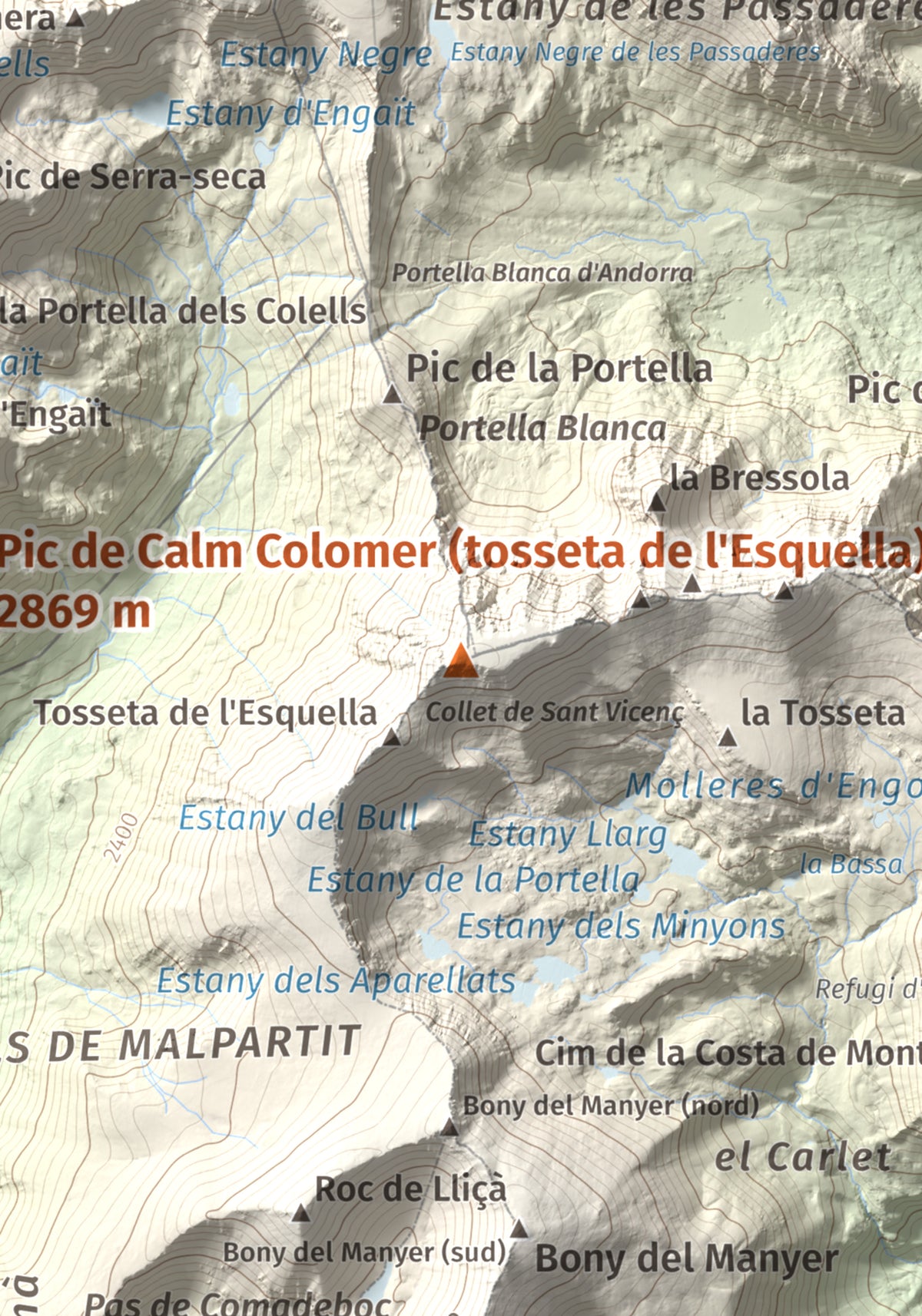 Mapa de relieve de Pic de Calm Colomer (tosseta de l'Esquella), 2869 m, Cerdanya · Cerdanya Nord, lámina 100 Cims de Trobart. Detalle de la zona central. 21 × 30 cm.