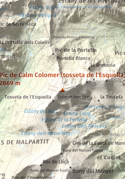 Mapa de relieve de Pic de Calm Colomer (tosseta de l'Esquella), 2869 m, Cerdanya · Cerdanya Nord, lámina 100 Cims de Trobart. Detalle de la zona central. 21 × 30 cm.