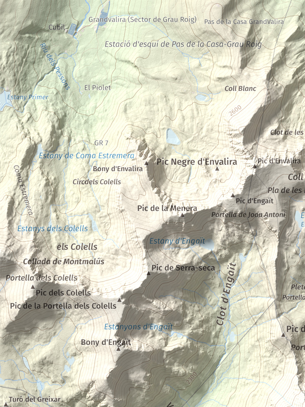 Mapa de relieve de Pic de Calm Colomer (tosseta de l'Esquella), 2869 m, Cerdanya · Cerdanya Nord, lámina 100 Cims de Trobart. Detalle de la zona superior izquierda. 30 × 40 cm.