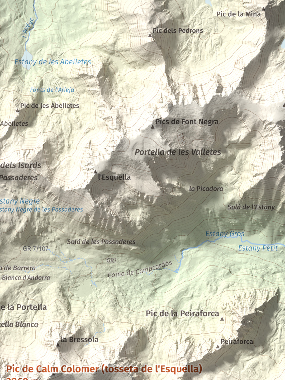 Mapa de relieve de Pic de Calm Colomer (tosseta de l'Esquella), 2869 m, Cerdanya · Cerdanya Nord, lámina 100 Cims de Trobart. Detalle de la zona superior derecha. 30 × 40 cm.
