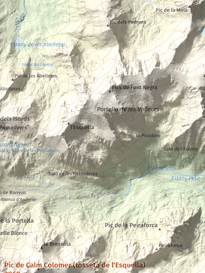 Mapa de relieve de Pic de Calm Colomer (tosseta de l'Esquella), 2869 m, Cerdanya · Cerdanya Nord, lámina 100 Cims de Trobart. Detalle de la zona superior derecha. 30 × 40 cm.