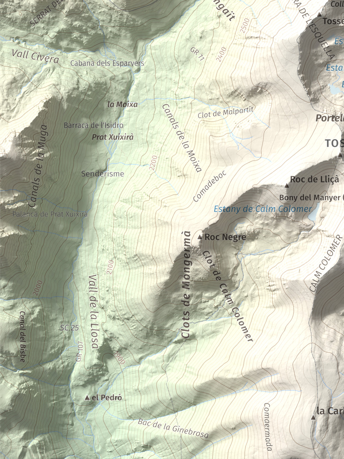 Mapa de relieve de Pic de Calm Colomer (tosseta de l'Esquella), 2869 m, Cerdanya · Cerdanya Nord, lámina 100 Cims de Trobart. Detalle de la zona inferior izquierda. 30 × 40 cm.