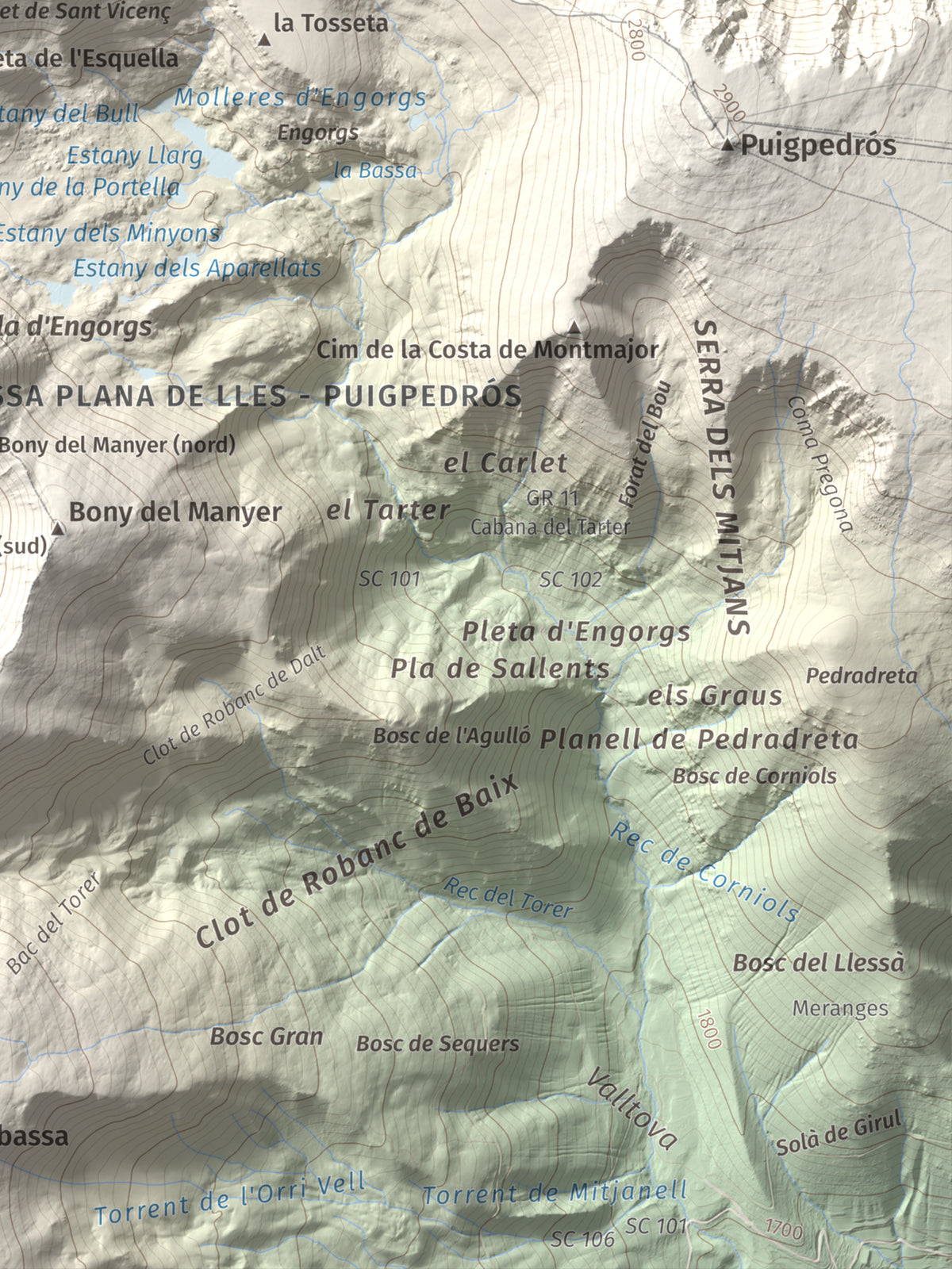 Mapa de relieve de Pic de Calm Colomer (tosseta de l'Esquella), 2869 m, Cerdanya · Cerdanya Nord, lámina 100 Cims de Trobart. Detalle de la zona inferior derecha. 30 × 40 cm.