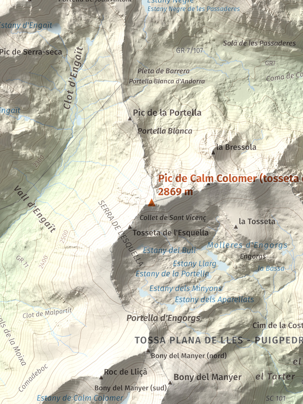 Mapa de relieve de Pic de Calm Colomer (tosseta de l'Esquella), 2869 m, Cerdanya · Cerdanya Nord, lámina 100 Cims de Trobart. Detalle de la zona central. 30 × 40 cm.
