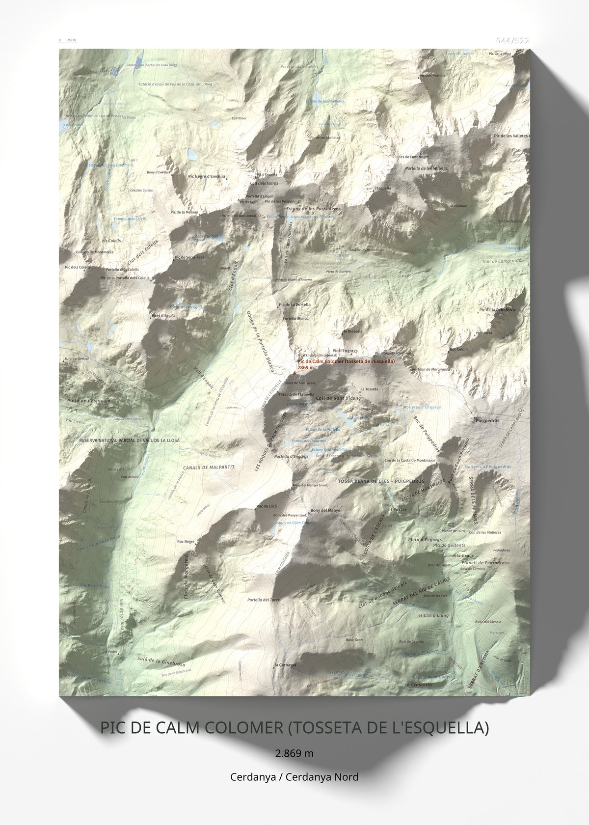 Mapa de relieve de Pic de Calm Colomer (tosseta de l'Esquella), 2869 m, Cerdanya · Cerdanya Nord, lámina 100 Cims de Trobart 50 × 70 cm.