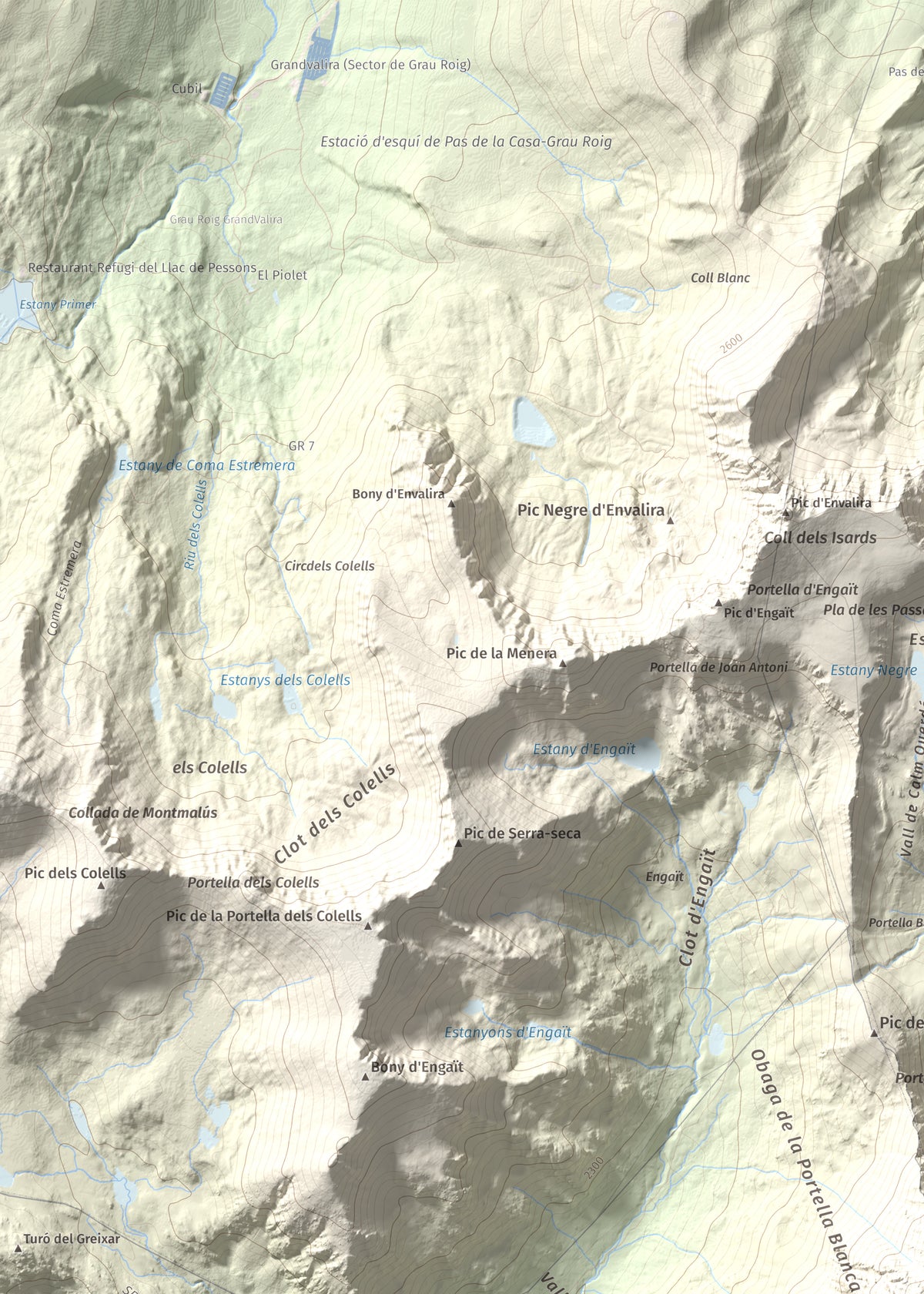 Mapa de relieve de Pic de Calm Colomer (tosseta de l'Esquella), 2869 m, Cerdanya · Cerdanya Nord, lámina 100 Cims de Trobart. Detalle de la zona superior izquierda. 50 × 70 cm.