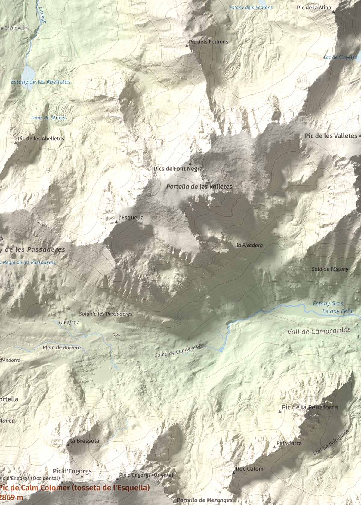 Mapa de relieve de Pic de Calm Colomer (tosseta de l'Esquella), 2869 m, Cerdanya · Cerdanya Nord, lámina 100 Cims de Trobart. Detalle de la zona superior derecha. 50 × 70 cm.
