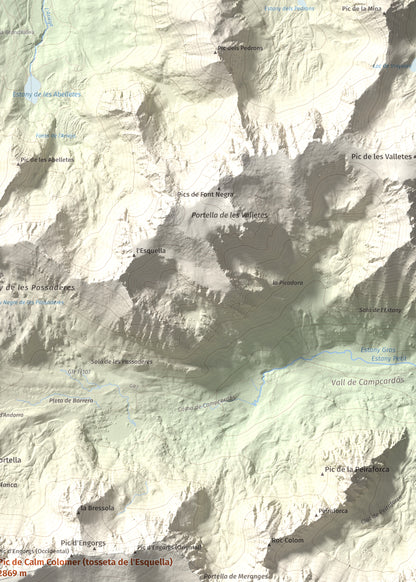 Mapa de relieve de Pic de Calm Colomer (tosseta de l'Esquella), 2869 m, Cerdanya · Cerdanya Nord, lámina 100 Cims de Trobart. Detalle de la zona superior derecha. 50 × 70 cm.