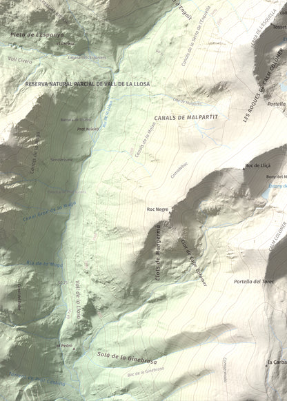 Mapa de relieve de Pic de Calm Colomer (tosseta de l'Esquella), 2869 m, Cerdanya · Cerdanya Nord, lámina 100 Cims de Trobart. Detalle de la zona inferior izquierda. 50 × 70 cm.