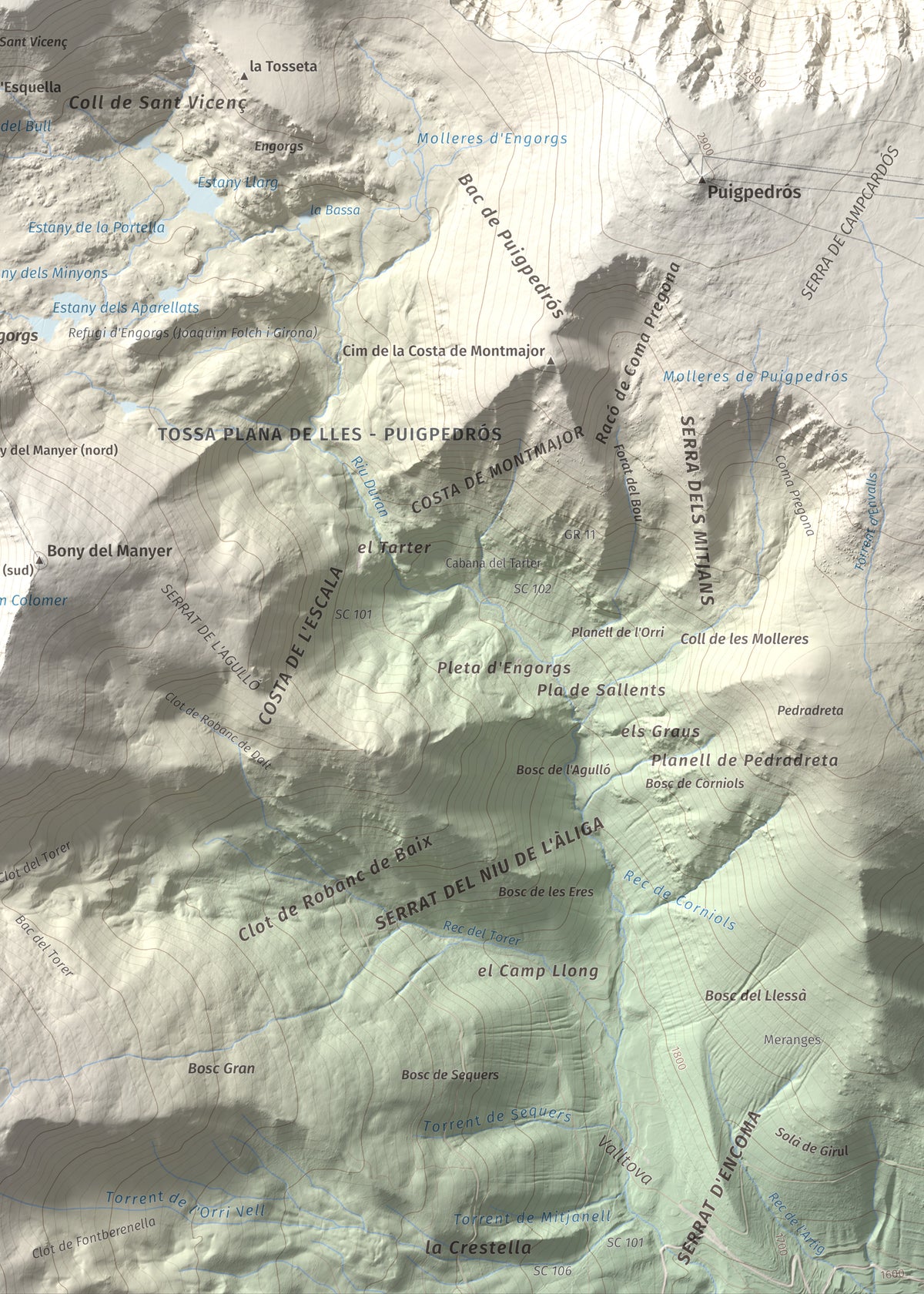 Mapa de relieve de Pic de Calm Colomer (tosseta de l'Esquella), 2869 m, Cerdanya · Cerdanya Nord, lámina 100 Cims de Trobart. Detalle de la zona inferior derecha. 50 × 70 cm.