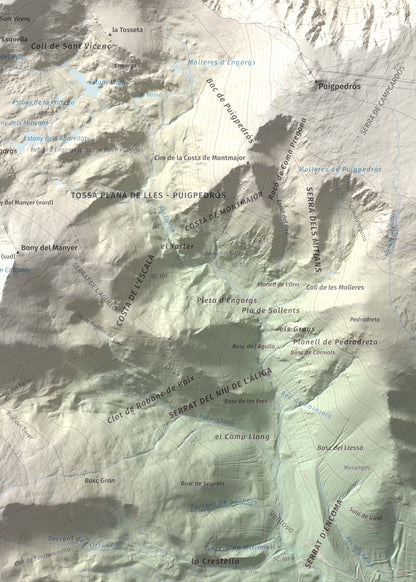 Mapa de relieve de Pic de Calm Colomer (tosseta de l'Esquella), 2869 m, Cerdanya · Cerdanya Nord, lámina 100 Cims de Trobart. Detalle de la zona inferior derecha. 50 × 70 cm.