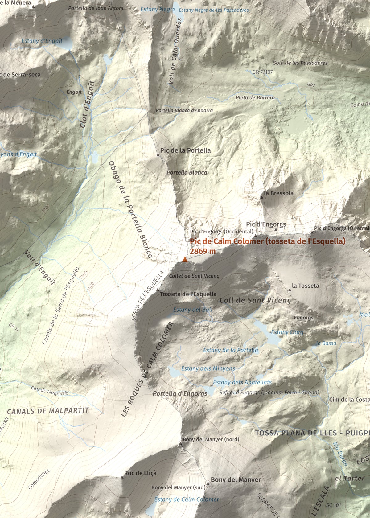 Mapa de relieve de Pic de Calm Colomer (tosseta de l'Esquella), 2869 m, Cerdanya · Cerdanya Nord, lámina 100 Cims de Trobart. Detalle de la zona central. 50 × 70 cm.