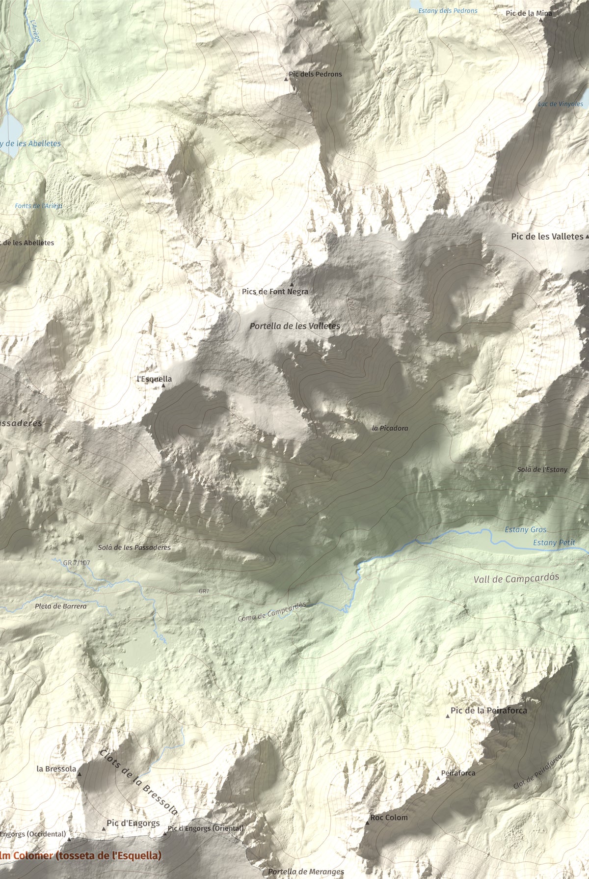 Mapa de relieve de Pic de Calm Colomer (tosseta de l'Esquella), 2869 m, Cerdanya · Cerdanya Nord, lámina 100 Cims de Trobart. Detalle de la zona superior derecha. 61 × 91 cm.