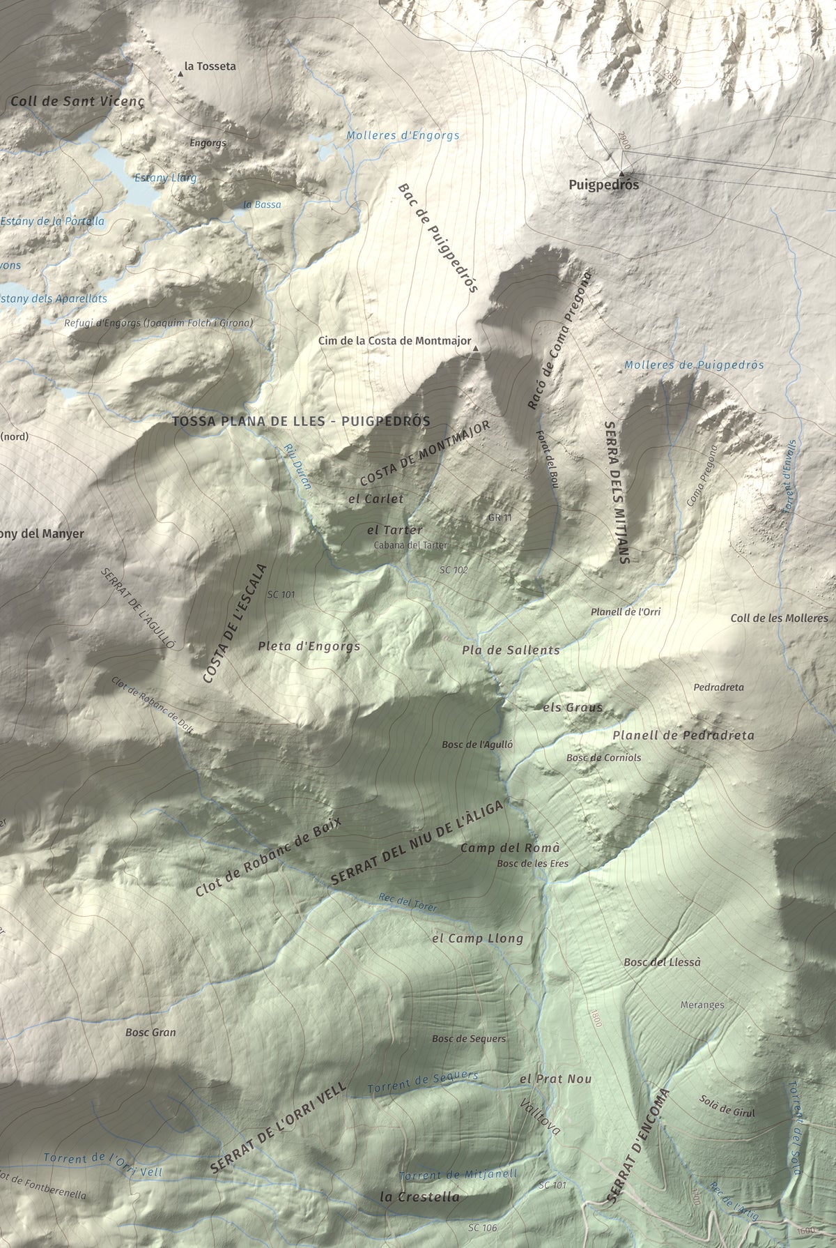 Mapa de relieve de Pic de Calm Colomer (tosseta de l'Esquella), 2869 m, Cerdanya · Cerdanya Nord, lámina 100 Cims de Trobart. Detalle de la zona inferior derecha. 61 × 91 cm.