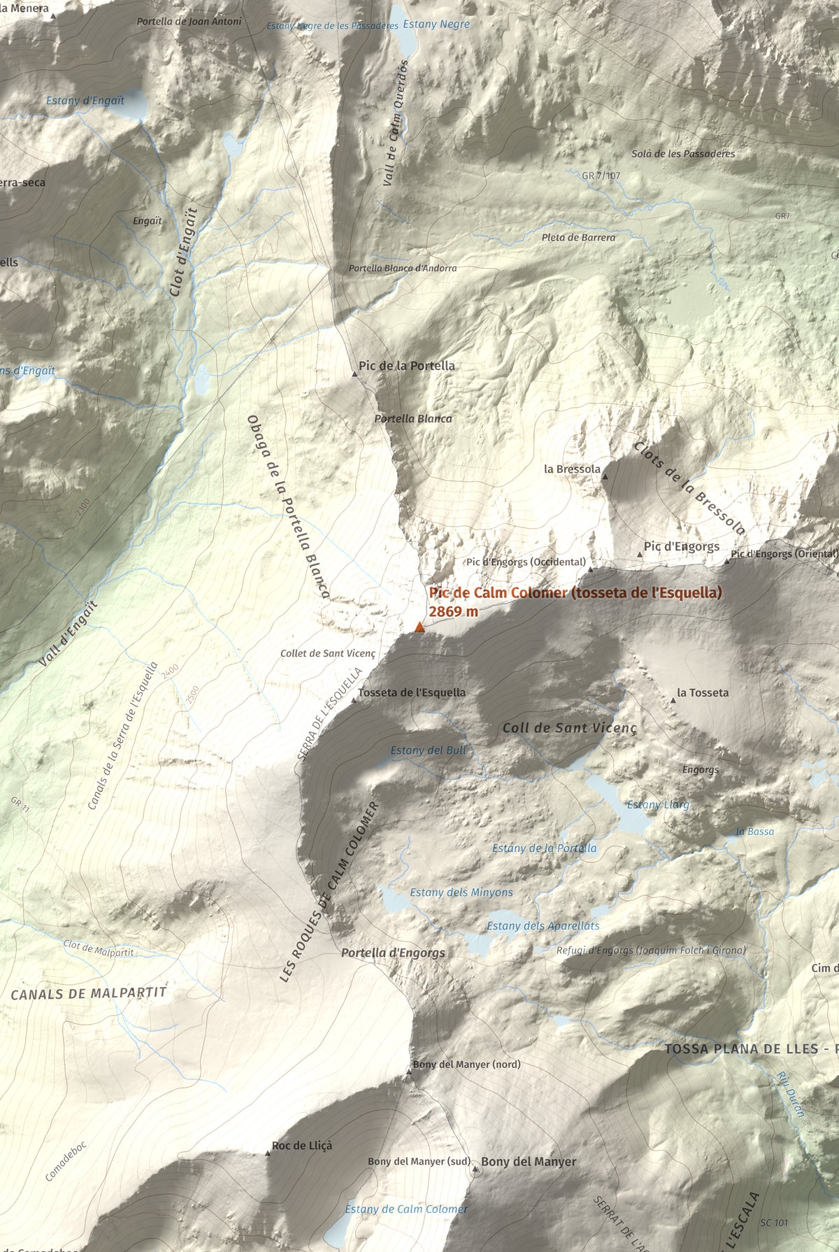 Mapa de relieve de Pic de Calm Colomer (tosseta de l'Esquella), 2869 m, Cerdanya · Cerdanya Nord, lámina 100 Cims de Trobart. Detalle de la zona central. 61 × 91 cm.