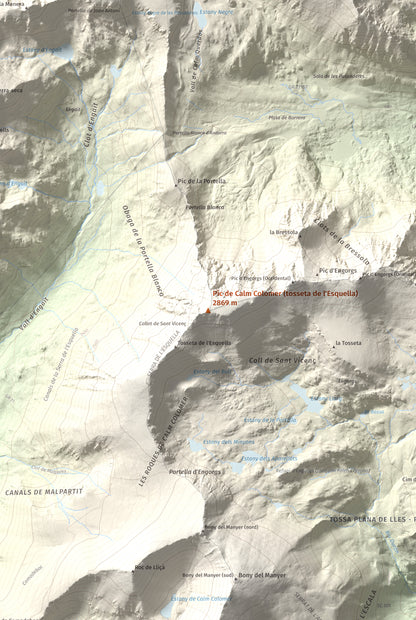 Mapa de relieve de Pic de Calm Colomer (tosseta de l'Esquella), 2869 m, Cerdanya · Cerdanya Nord, lámina 100 Cims de Trobart. Detalle de la zona central. 61 × 91 cm.