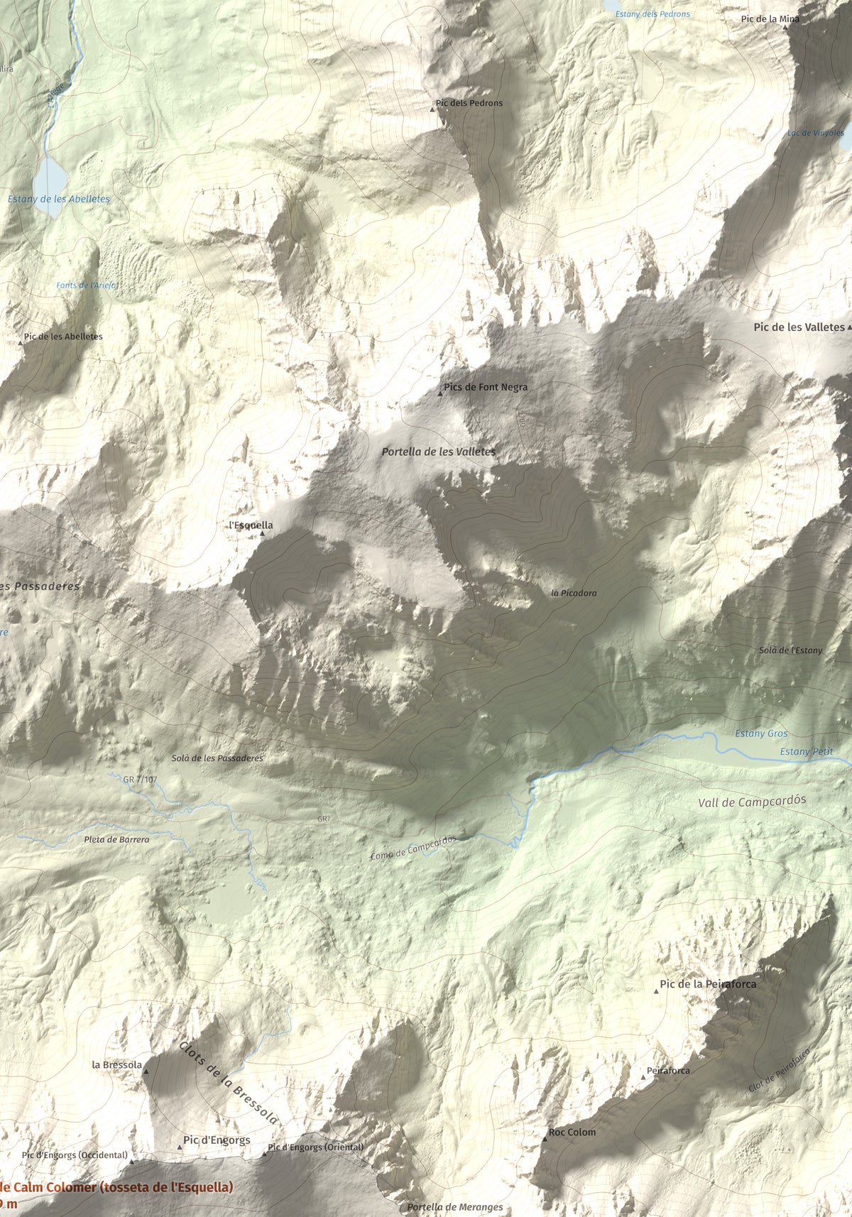Mapa de relieve de Pic de Calm Colomer (tosseta de l'Esquella), 2869 m, Cerdanya · Cerdanya Nord, lámina 100 Cims de Trobart. Detalle de la zona superior derecha. 70 × 100 cm.