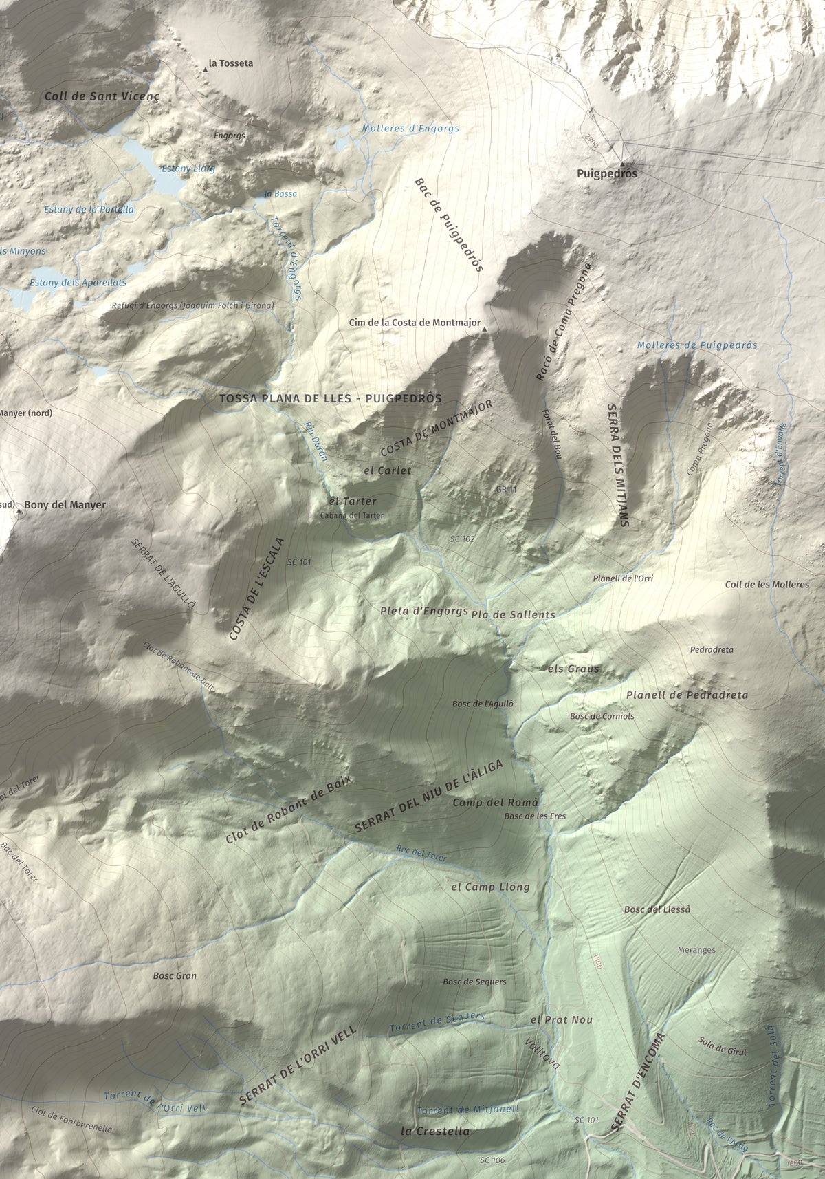 Mapa de relieve de Pic de Calm Colomer (tosseta de l'Esquella), 2869 m, Cerdanya · Cerdanya Nord, lámina 100 Cims de Trobart. Detalle de la zona inferior derecha. 70 × 100 cm.
