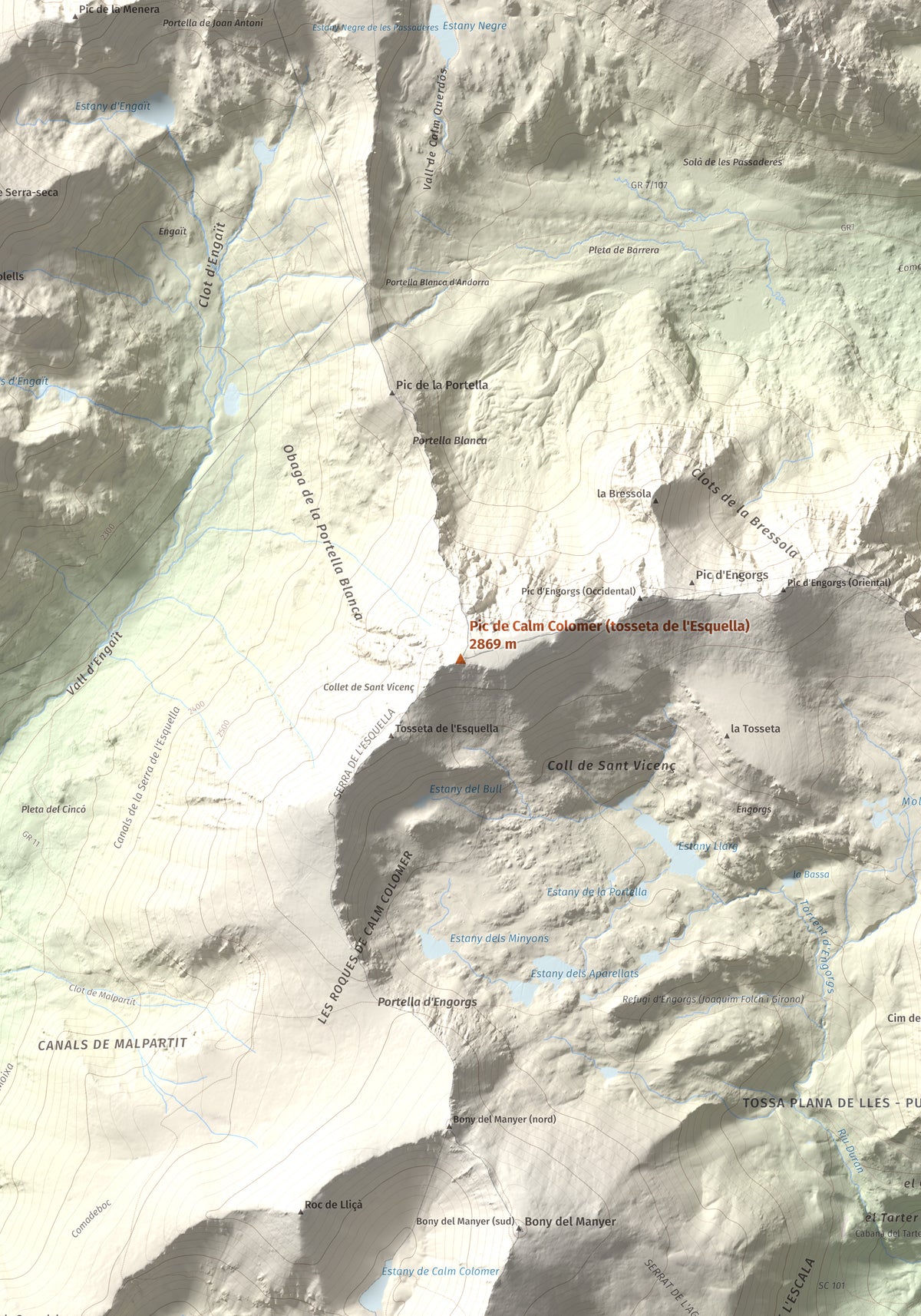 Mapa de relieve de Pic de Calm Colomer (tosseta de l'Esquella), 2869 m, Cerdanya · Cerdanya Nord, lámina 100 Cims de Trobart. Detalle de la zona central. 70 × 100 cm.