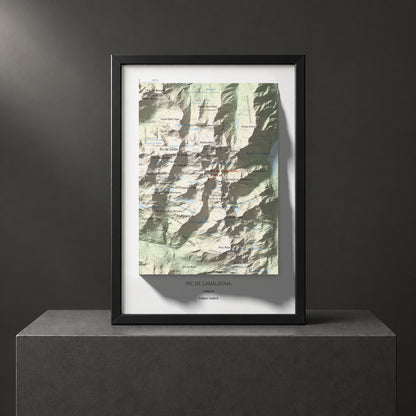 Mapa de relieve de Pic de Canalbona, 2965 m, Pallars Sobirà, lámina 100 Cims de Trobart. Presentación enmarcada. 21 × 30 cm.
