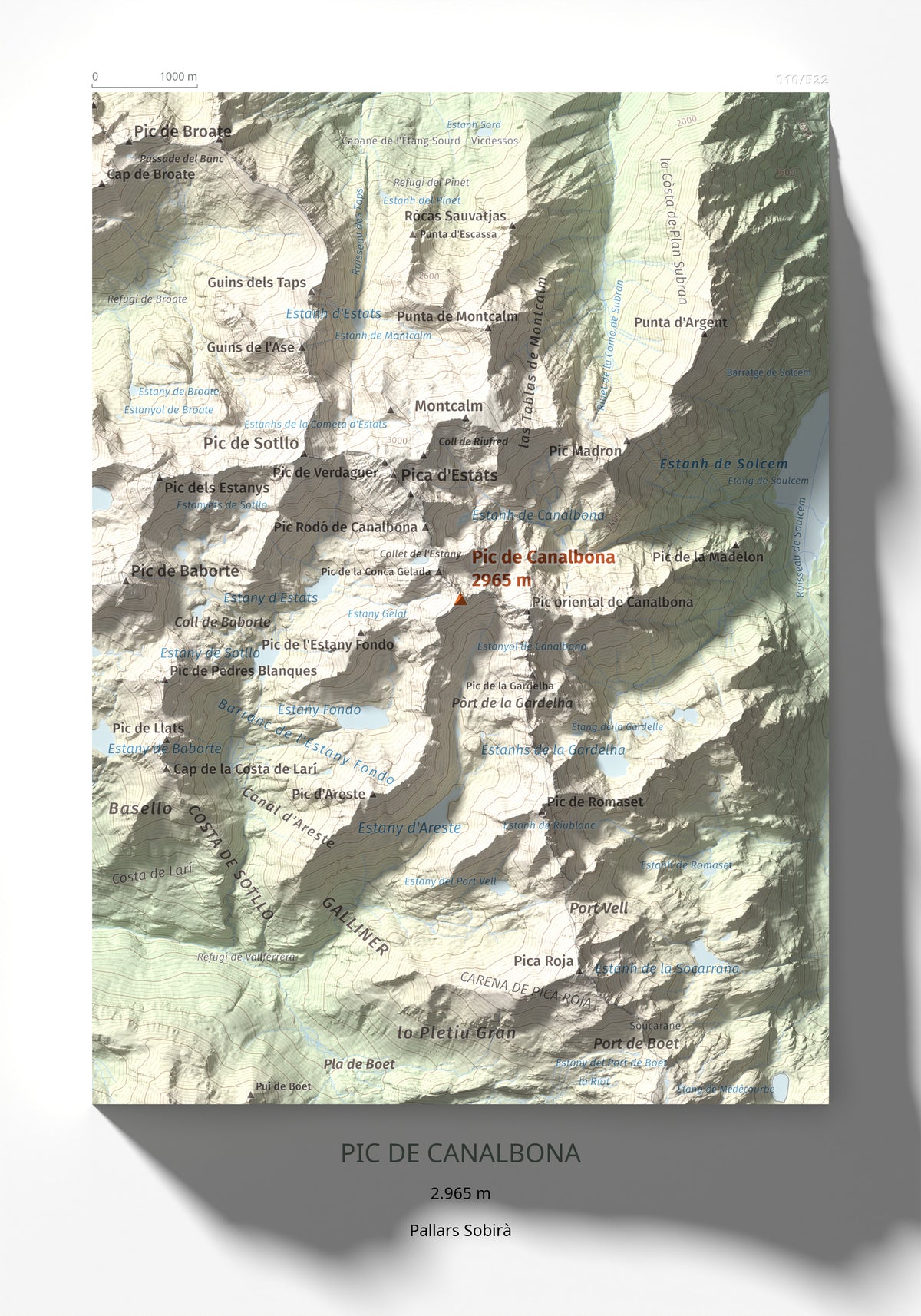 Mapa de relieve de Pic de Canalbona, 2965 m, Pallars Sobirà, lámina 100 Cims de Trobart 21 × 30 cm.