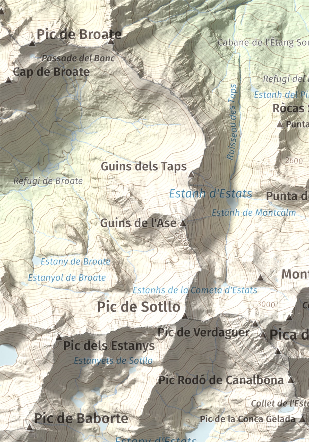 Mapa de relieve de Pic de Canalbona, 2965 m, Pallars Sobirà, lámina 100 Cims de Trobart. Detalle de la zona superior izquierda. 21 × 30 cm.