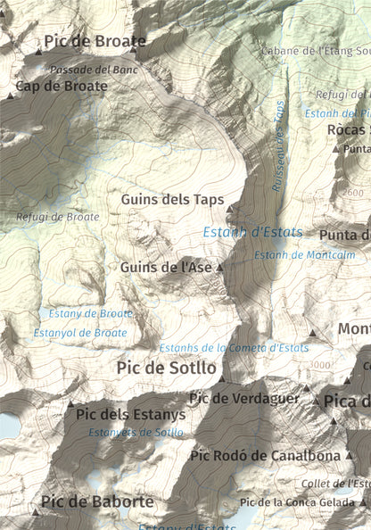 Mapa de relieve de Pic de Canalbona, 2965 m, Pallars Sobirà, lámina 100 Cims de Trobart. Detalle de la zona superior izquierda. 21 × 30 cm.