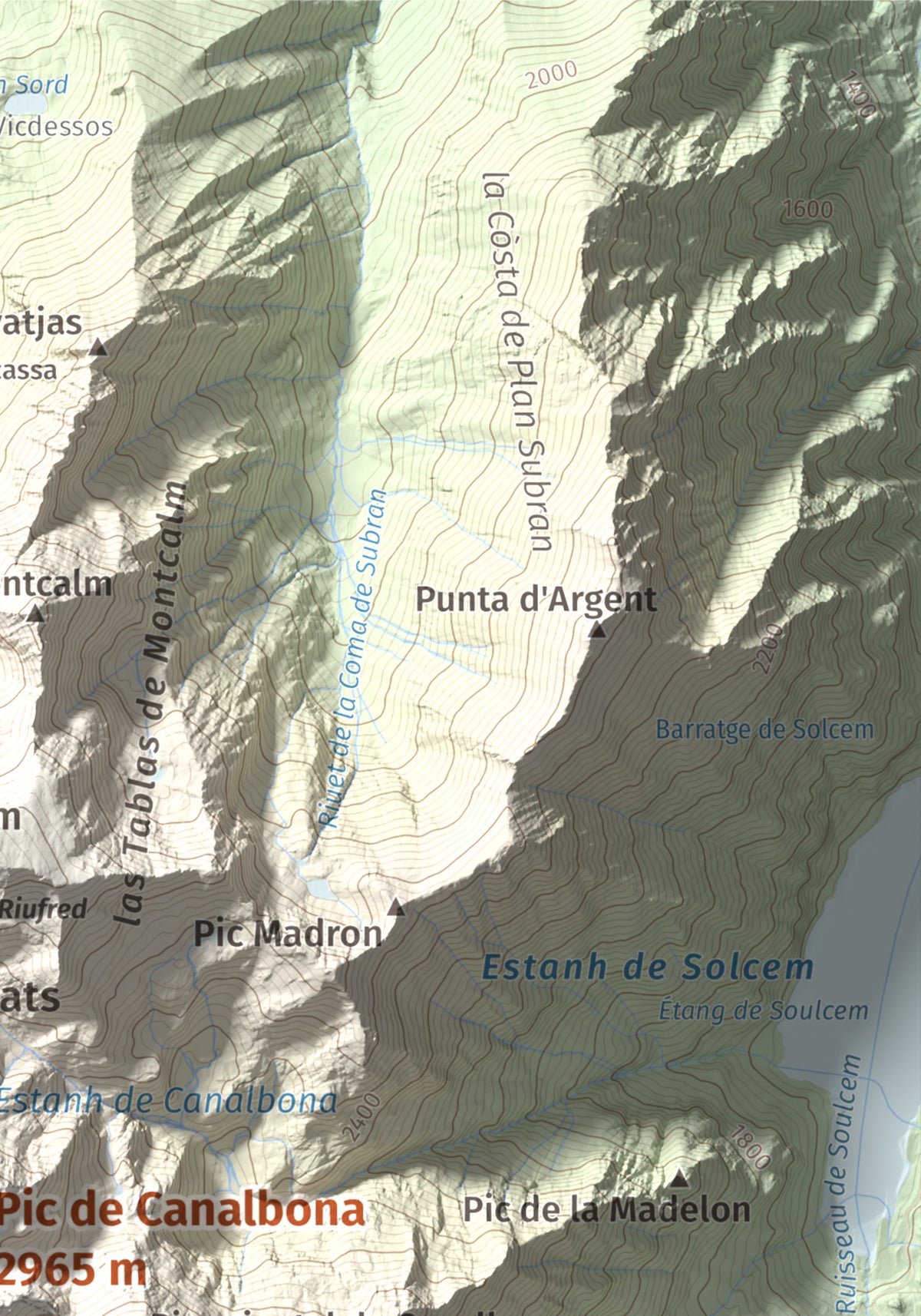 Mapa de relieve de Pic de Canalbona, 2965 m, Pallars Sobirà, lámina 100 Cims de Trobart. Detalle de la zona superior derecha. 21 × 30 cm.