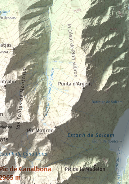 Mapa de relieve de Pic de Canalbona, 2965 m, Pallars Sobirà, lámina 100 Cims de Trobart. Detalle de la zona superior derecha. 21 × 30 cm.