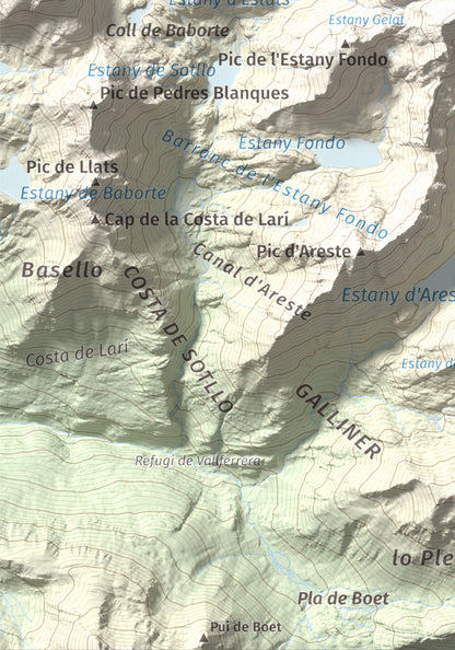 Mapa de relieve de Pic de Canalbona, 2965 m, Pallars Sobirà, lámina 100 Cims de Trobart. Detalle de la zona inferior izquierda. 21 × 30 cm.
