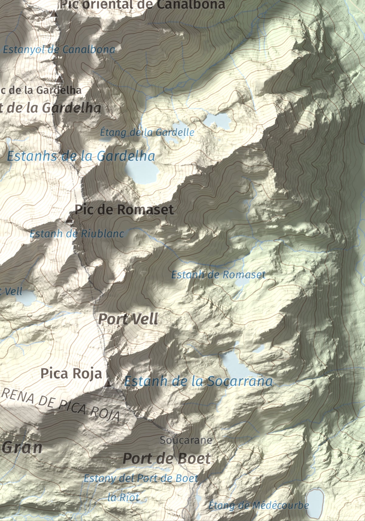 Mapa de relieve de Pic de Canalbona, 2965 m, Pallars Sobirà, lámina 100 Cims de Trobart. Detalle de la zona inferior derecha. 21 × 30 cm.
