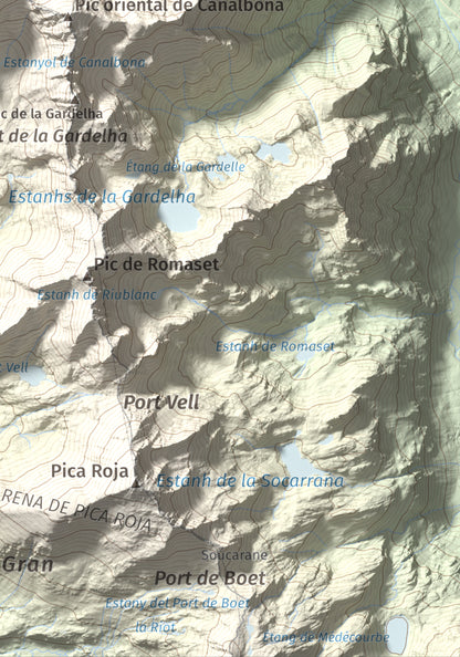 Mapa de relieve de Pic de Canalbona, 2965 m, Pallars Sobirà, lámina 100 Cims de Trobart. Detalle de la zona inferior derecha. 21 × 30 cm.