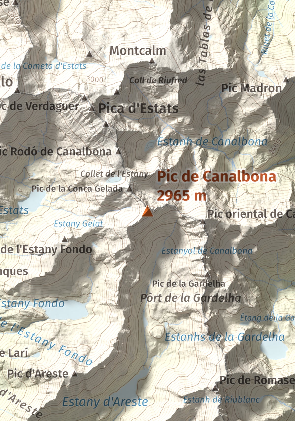 Mapa de relieve de Pic de Canalbona, 2965 m, Pallars Sobirà, lámina 100 Cims de Trobart. Detalle de la zona central. 21 × 30 cm.