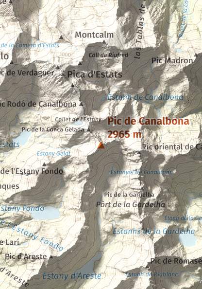 Mapa de relieve de Pic de Canalbona, 2965 m, Pallars Sobirà, lámina 100 Cims de Trobart. Detalle de la zona central. 21 × 30 cm.
