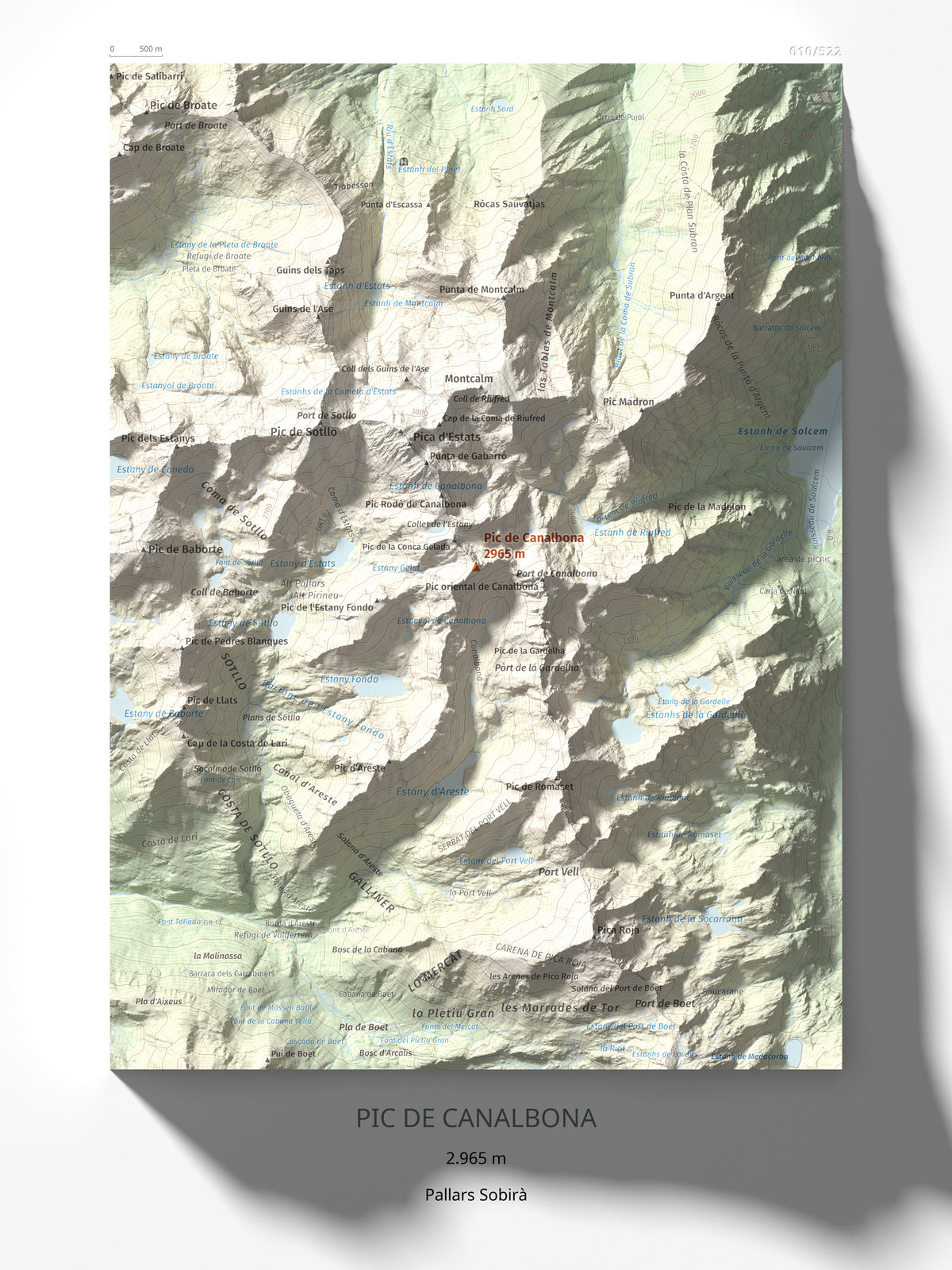 Mapa de relieve de Pic de Canalbona, 2965 m, Pallars Sobirà, lámina 100 Cims de Trobart 30 × 40 cm.