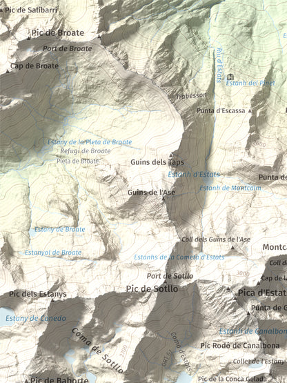 Mapa de relieve de Pic de Canalbona, 2965 m, Pallars Sobirà, lámina 100 Cims de Trobart. Detalle de la zona superior izquierda. 30 × 40 cm.