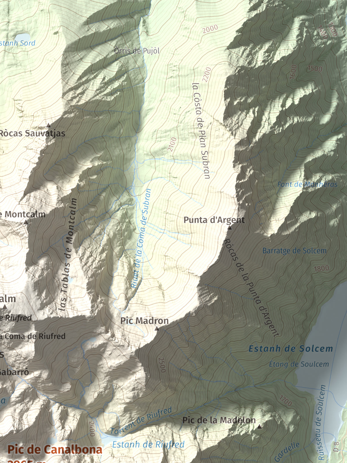 Mapa de relieve de Pic de Canalbona, 2965 m, Pallars Sobirà, lámina 100 Cims de Trobart. Detalle de la zona superior derecha. 30 × 40 cm.