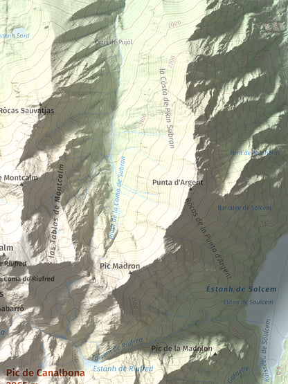 Mapa de relieve de Pic de Canalbona, 2965 m, Pallars Sobirà, lámina 100 Cims de Trobart. Detalle de la zona superior derecha. 30 × 40 cm.