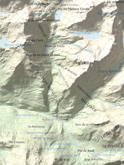 Mapa de relieve de Pic de Canalbona, 2965 m, Pallars Sobirà, lámina 100 Cims de Trobart. Detalle de la zona inferior izquierda. 30 × 40 cm.