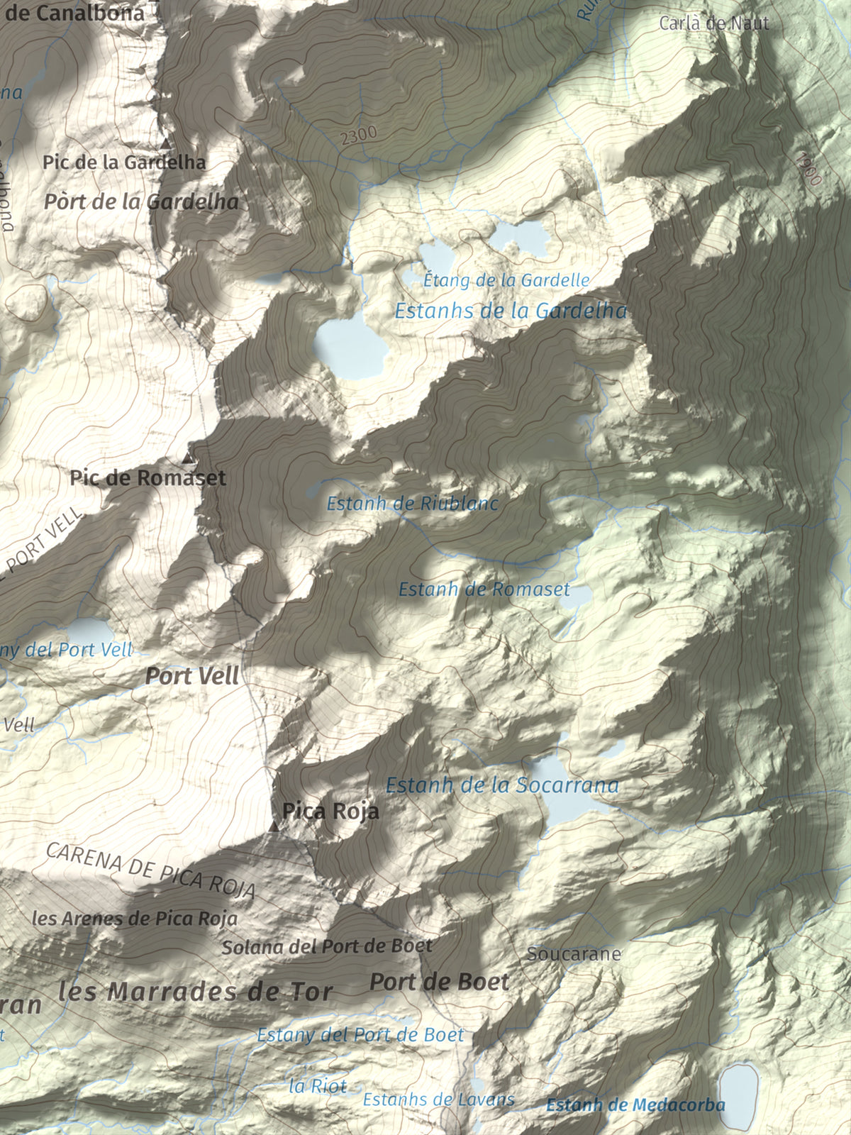 Mapa de relieve de Pic de Canalbona, 2965 m, Pallars Sobirà, lámina 100 Cims de Trobart. Detalle de la zona inferior derecha. 30 × 40 cm.