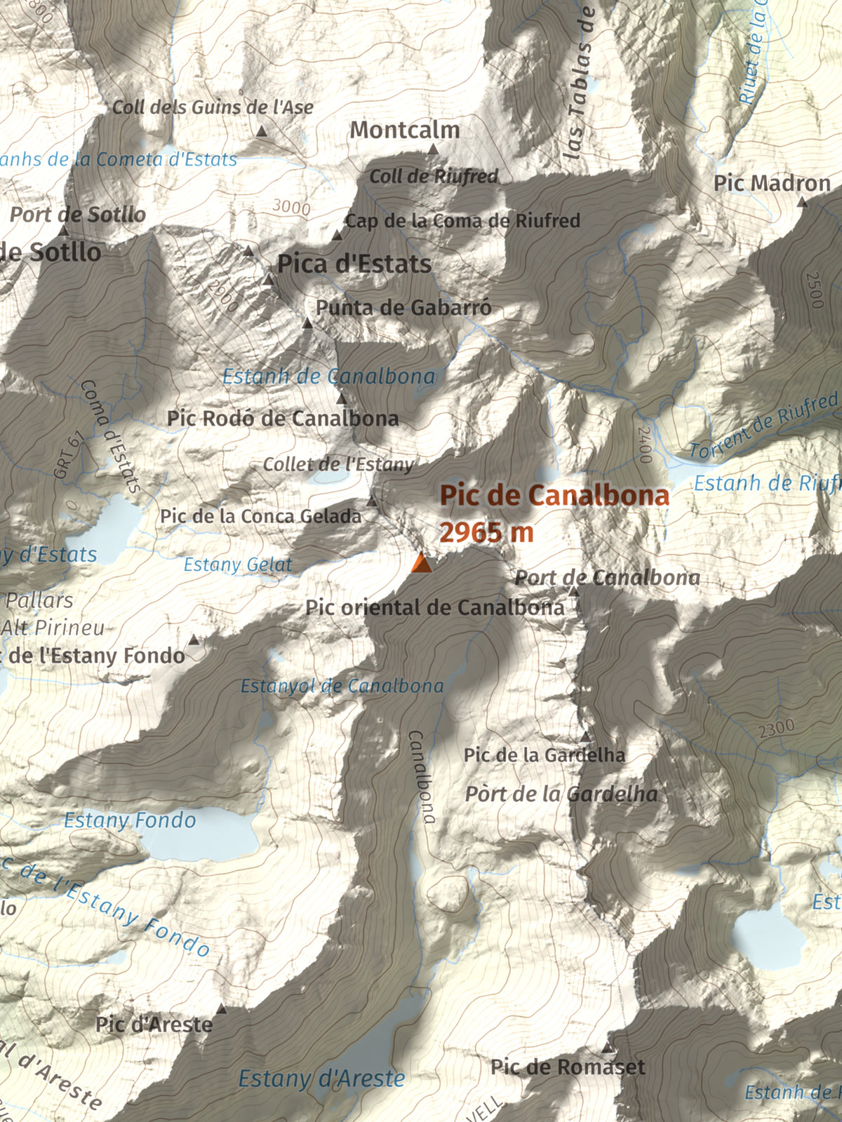 Mapa de relieve de Pic de Canalbona, 2965 m, Pallars Sobirà, lámina 100 Cims de Trobart. Detalle de la zona central. 30 × 40 cm.
