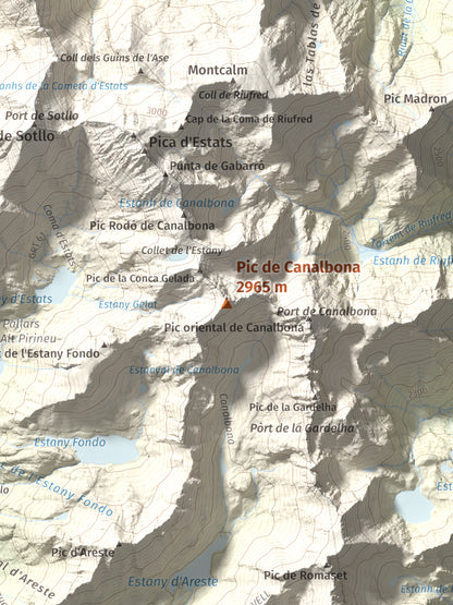 Mapa de relieve de Pic de Canalbona, 2965 m, Pallars Sobirà, lámina 100 Cims de Trobart. Detalle de la zona central. 30 × 40 cm.