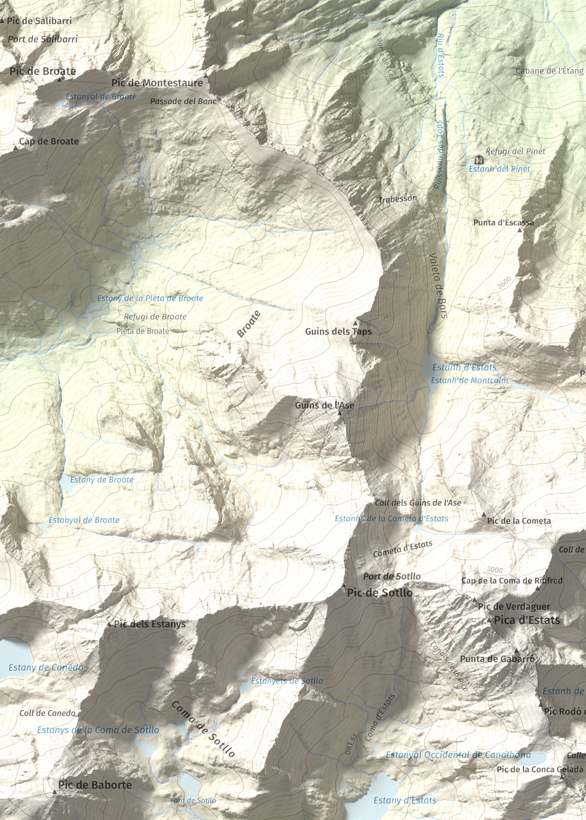 Mapa de relieve de Pic de Canalbona, 2965 m, Pallars Sobirà, lámina 100 Cims de Trobart. Detalle de la zona superior izquierda. 50 × 70 cm.