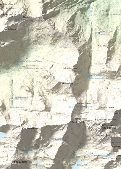 Mapa de relieve de Pic de Canalbona, 2965 m, Pallars Sobirà, lámina 100 Cims de Trobart. Detalle de la zona superior izquierda. 50 × 70 cm.